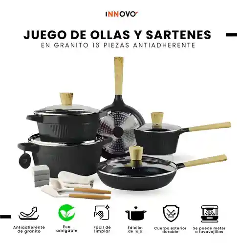 Juego De Ollas Sartenes Granito Antiadherente 16 Piezas Asfe Negro