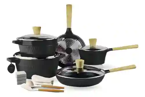 Juego De Ollas Sartenes Granito Antiadherente 16 Piezas Asfe Negro