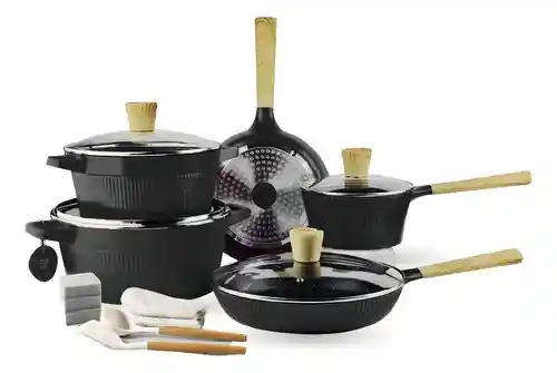 Juego De Ollas Sartenes Granito Antiadherente 16 Piezas Asfe Negro