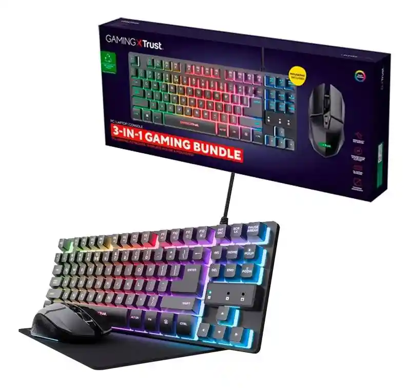 Combo 3 En 1 Trust Teclado Alámbrico + Mouse Inalámbrico + Pad Mouse Gxt 794 Negro