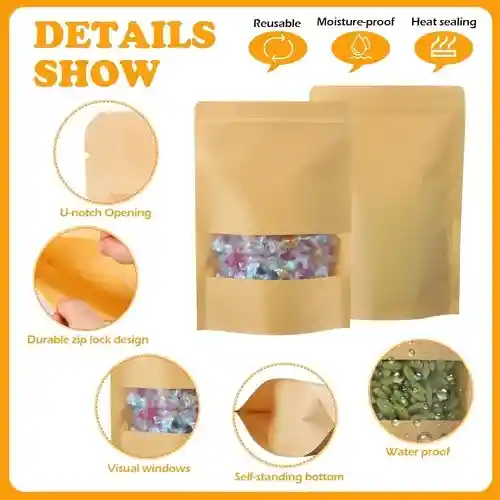 50 Bolsas Kraft Doy Pack Zipper Ventana 500 G (17x26cm)