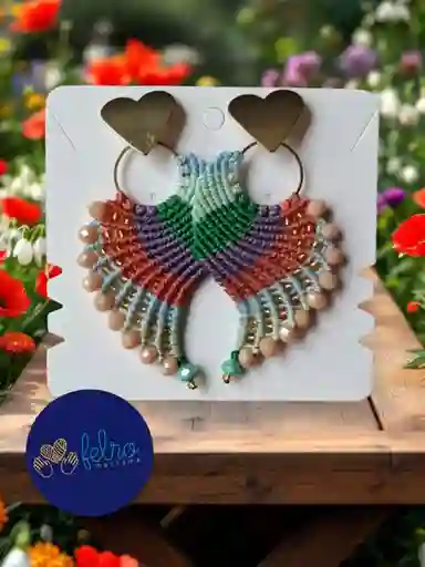 Aretes Alitas, Pavo Reales, Alas De Ángel En Micro Macramé, Brisa Terracota