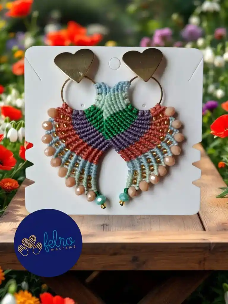 Aretes Alitas, Pavo Reales, Alas De Ángel En Micro Macramé, Brisa Terracota