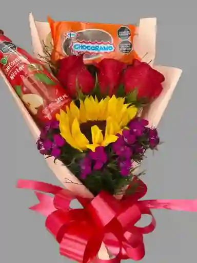 ✨ 1 Girasol Radiante ❤️ 3 Rosas Rojas Llenas De Amor 🍫 1 Delicioso Chocoramo 🥤 Jugo Néctar Refrescante