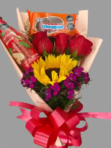 ✨ 1 Girasol Radiante ❤️ 3 Rosas Rojas Llenas De Amor 🍫 1 Delicioso Chocoramo 🥤 Jugo Néctar Refrescante