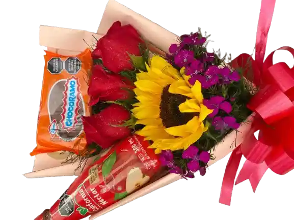 ✨ 1 Girasol Radiante ❤️ 3 Rosas Rojas Llenas De Amor 🍫 1 Delicioso Chocoramo 🥤 Jugo Néctar Refrescante