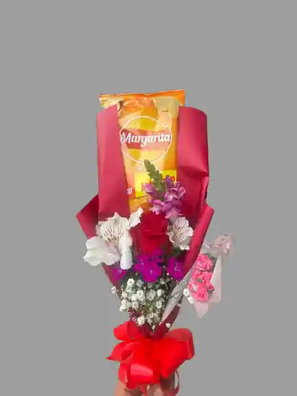 ❤️ 1 Rosa Roja Decorada Con Elegante Papel Coreano 🌸 Acompañada De Astromelia, Boca De Dragón, Clavel Chino Y Yibso 🎀 Moño En Cinta 🍟 Papas Margarita En Tu Sabor Favorito