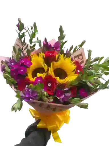 Bouquet Buchon🌻 4 Girasoles Radiantes Que Llenan De Luz 🌹 Rosas Rojas Apasionadas