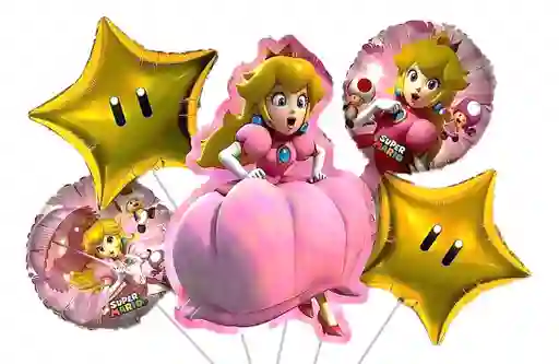Bouquet Niña Globos Metalizados 5 Piezas Princesa Peach Mario Bross