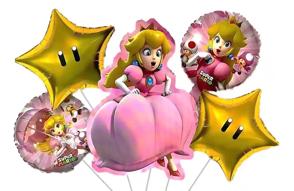 Bouquet Niña Globos Metalizados 5 Piezas Princesa Peach Mario Bross