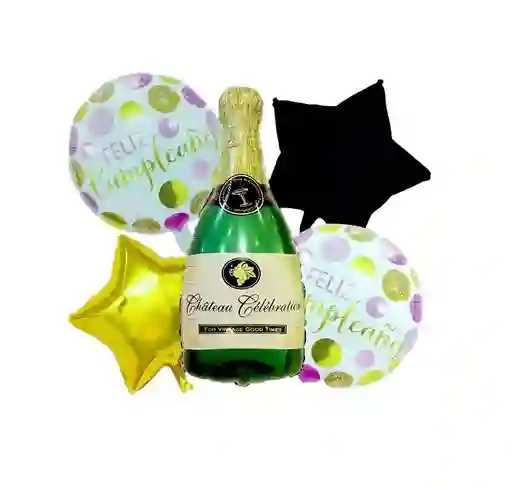Bouquet 5 Piezas Champaña Verde Estrellas Feliz Cumpleaños Globos Metalizados Party