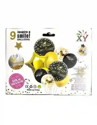 Bouquet 9 Piezas Negro Dorado Feliz Cumpleaños Con 3 Globos Metalizados Party