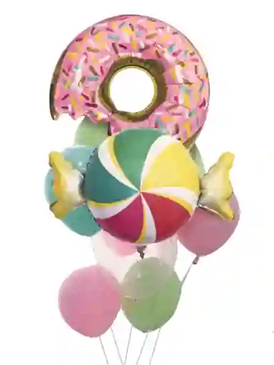Bouquet 9 Piezas Dona Con 2 Globos Metalizados Party