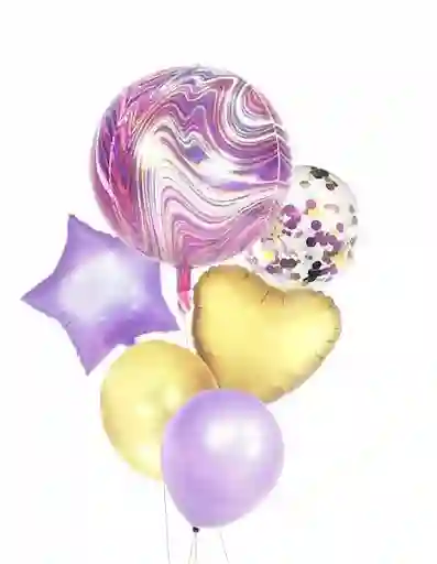 Bouquet 6 Piezas Agata Estrella Corazón Confeti Lila Dorado Incluye 3 Globos Metalizados Party