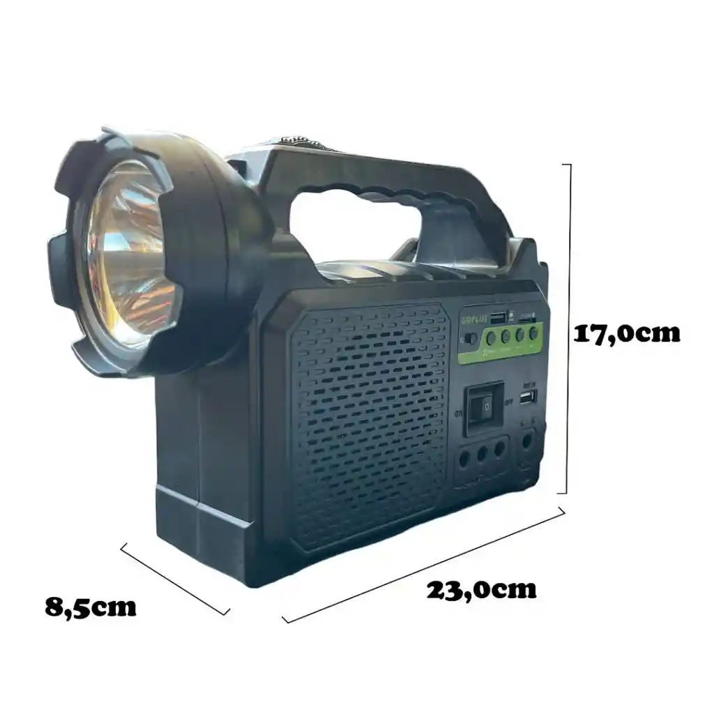 Kit Linterna Foco Panel Solar 3 Bombillos, Power Bank 5500 Mah , Radio Fm , Parlante Bluetooth