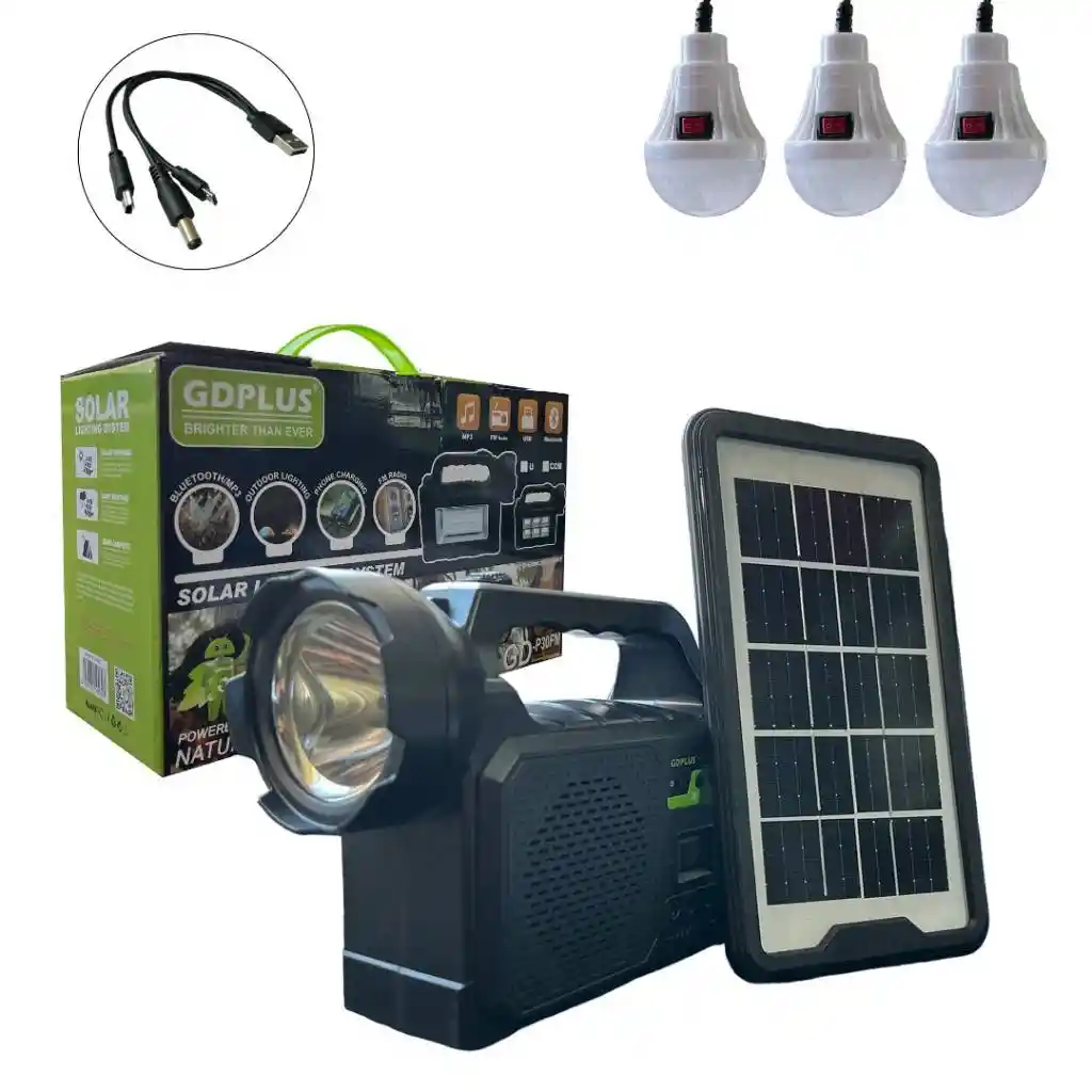 Kit Linterna Foco Panel Solar 3 Bombillos, Power Bank 5500 Mah , Radio Fm , Parlante Bluetooth