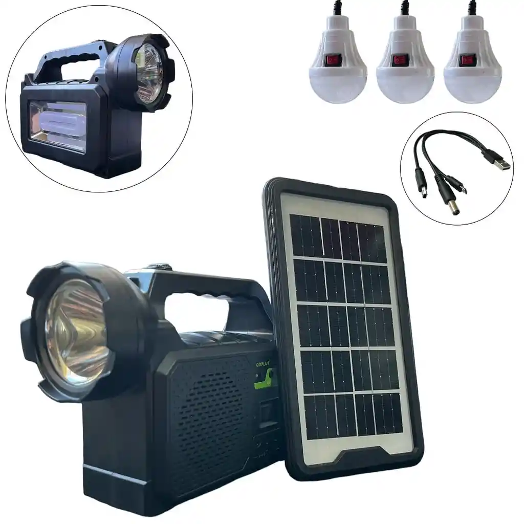 Kit Linterna Foco Panel Solar 3 Bombillos, Power Bank 5500 Mah , Radio Fm , Parlante Bluetooth