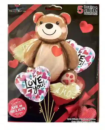 Bouquet 5 Piezas Oso Love You Globos Metalizados Amor Y Amistad Aniversario Party