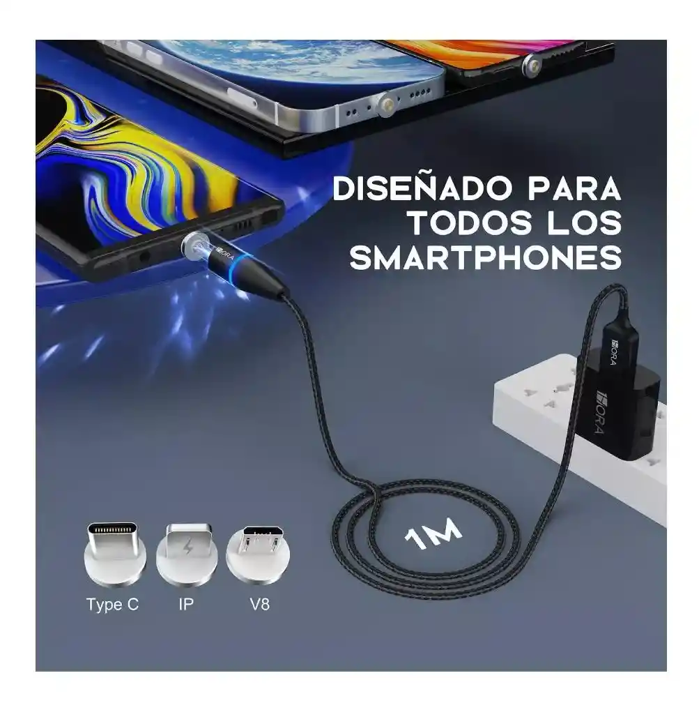 Cable 1hora Magnético Tipo C Ip V8 Intercambiables Negro