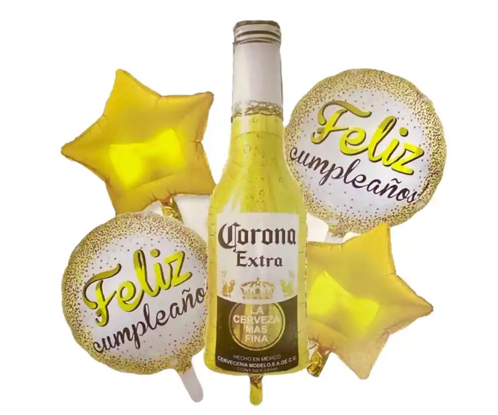 Bouquet 5 Piezas Feliz Cumpleaños Cerveza Corona Globos Metalizados Party