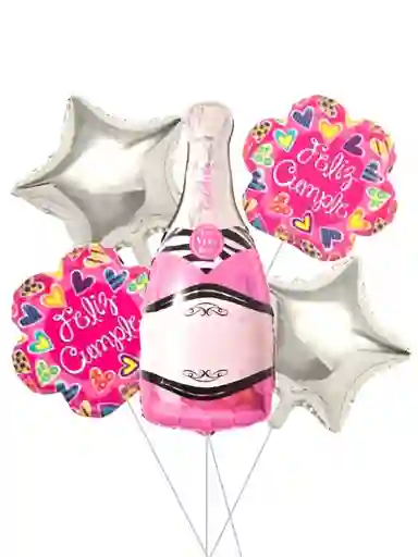 Bouquet 5 Piezas Champaña Rosada Feliz Cumple Globos Metalizados Party