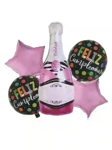 Bouquet 5 Piezas Champaña Oro Rosa Feliz Cumpleaños Globos Metalizados Party