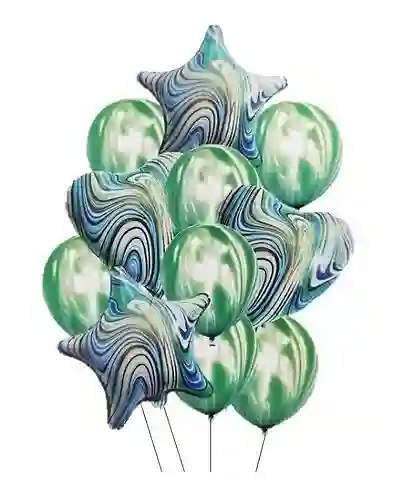 Bouquet 11 Piezas Agata Estrella Corazón Verde Azul Incluye 4 Globos Metalizados Party
