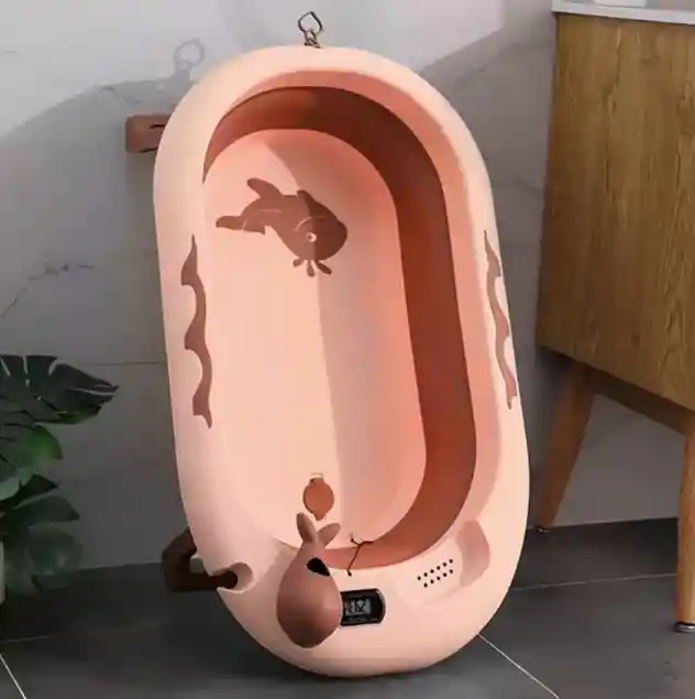 Bañera Tina Plegable Para Bebé Con Termometro + Cojín Malla Rosa