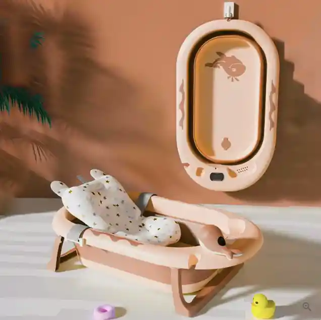 Bañera Tina Plegable Para Bebé Con Termometro + Cojín Malla Rosa