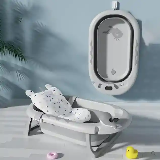 Bañera Tina Plegable Para Bebé Con Termometro + Cojín Malla Azul