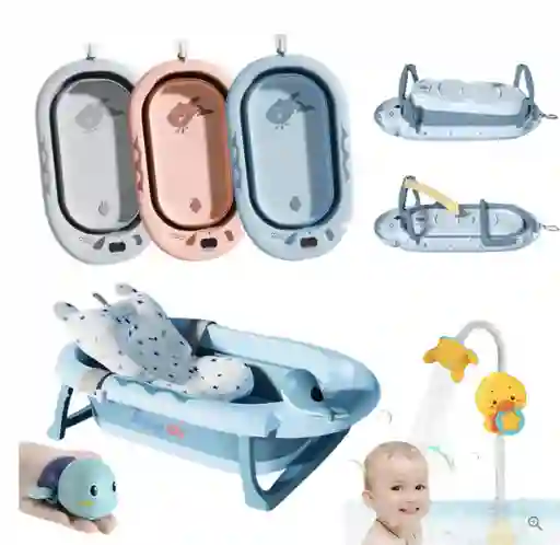 Bañera Tina Plegable Para Bebé Con Termometro + Cojín Malla Azul