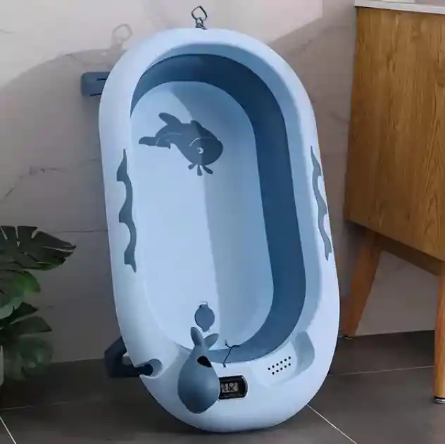 Bañera Tina Plegable Para Bebé Con Termometro + Cojín Malla Azul