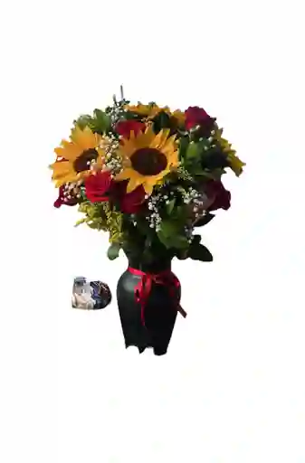 Jarrón De Rosas Y Girasoles