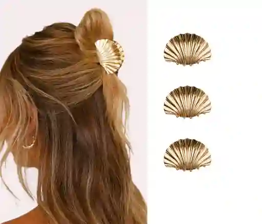 Pinza Caimán Gancho Concha Metalizada Pelo Cabello Set X 3 Und