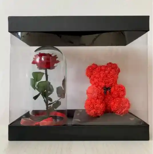 Arreglo Rosa Preservada Y Oso De Rosas