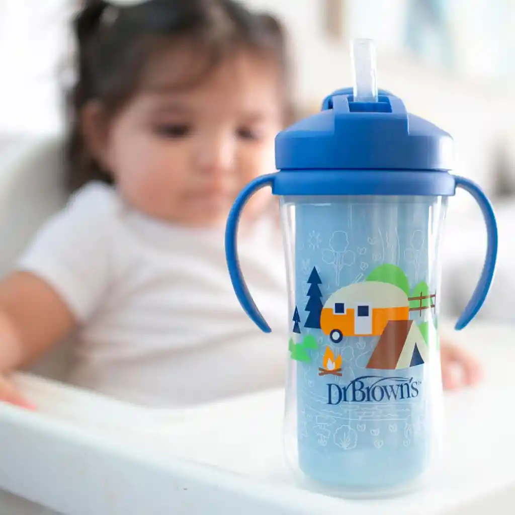 Vaso Térmico Azul Con Agarraderas Y Pitillo Para Bebé, De 10oz, A Prueba De Derrames, Con Tapa Para El Pitillo, Hecho En Material Resistente No Tóxico Sin Bpa, Fácil De Limpiar - Dr Brown's