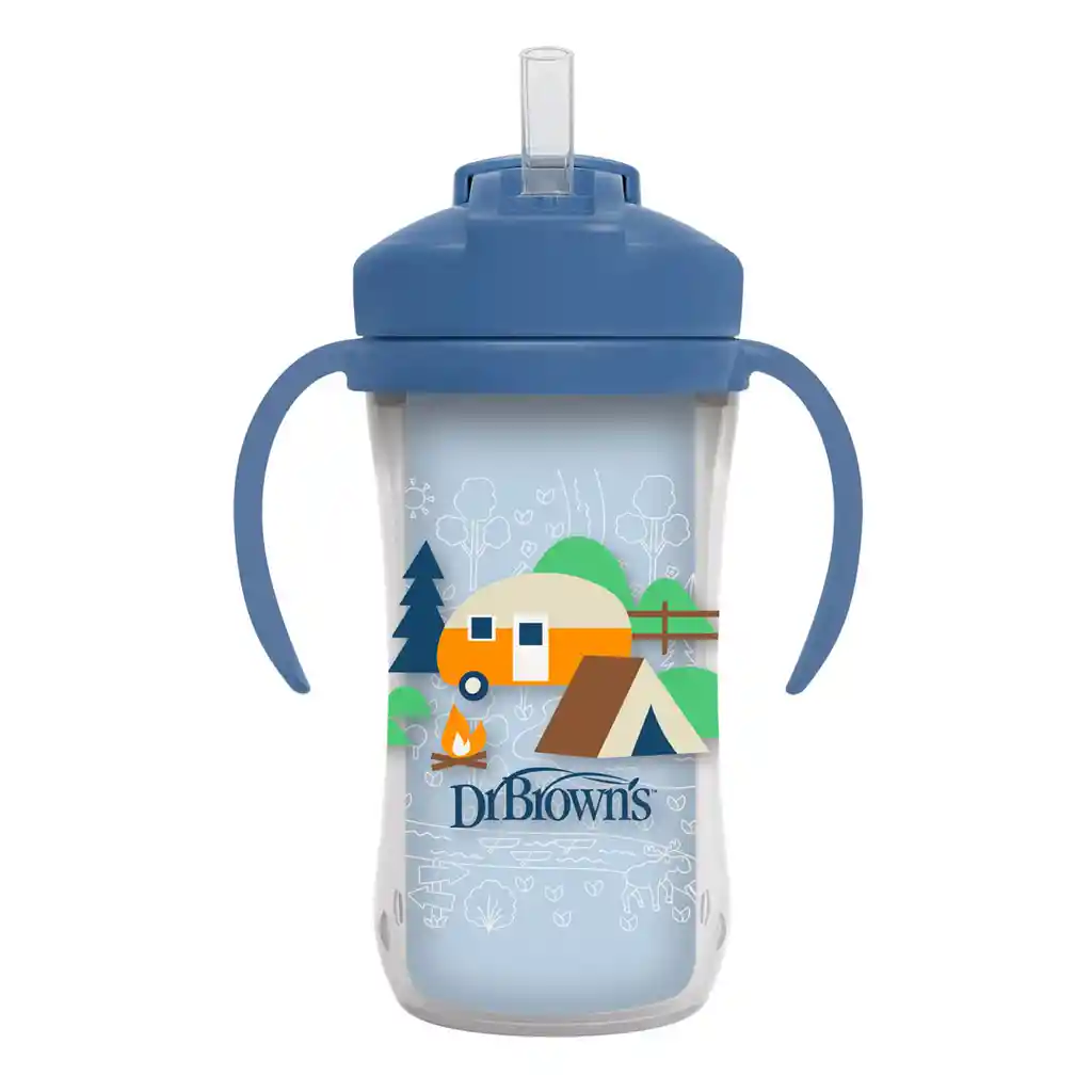 Vaso Térmico Azul Con Agarraderas Y Pitillo Para Bebé, De 10oz, A Prueba De Derrames, Con Tapa Para El Pitillo, Hecho En Material Resistente No Tóxico Sin Bpa, Fácil De Limpiar - Dr Brown's