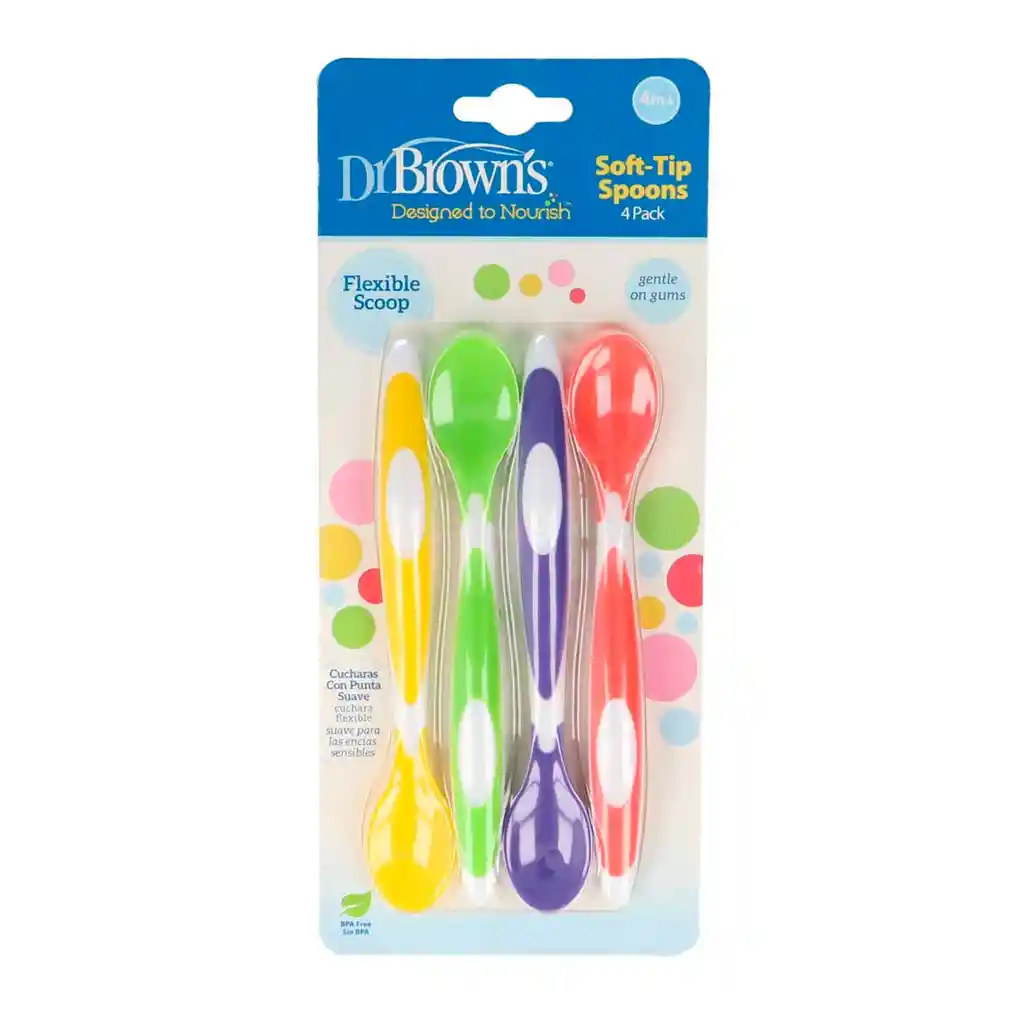 Set X4 Cucharas De Punta De Silicona Suave Multicolor, Flexible Y Poco Profunda, Hecha En Material De Calidad 100% Libre De Bpa, Mango Largo, Fácil De Limpiar - Dr Brown's