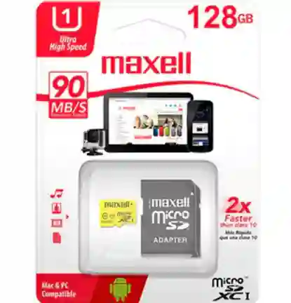 Memoria Microsd Maxell 128gb – Velocidad De 100mb/s Y Adaptador Incluido