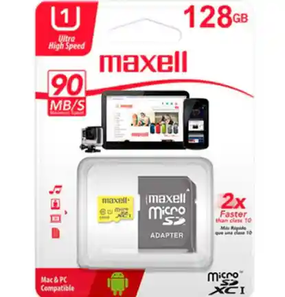 Memoria Microsd Maxell 128gb – Velocidad De 100mb/s Y Adaptador Incluido