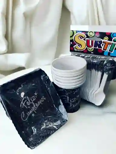 Set De Platos, Vasos Y Cucharas Con Diseño De Feliz Cumpleaños Negro Y Plateado Para Fiestas Y Piñatas