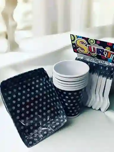 Set De Platos, Vasos Y Cucharas Con Diseño De Puntos Blancos Para Fiestas Y Piñatas