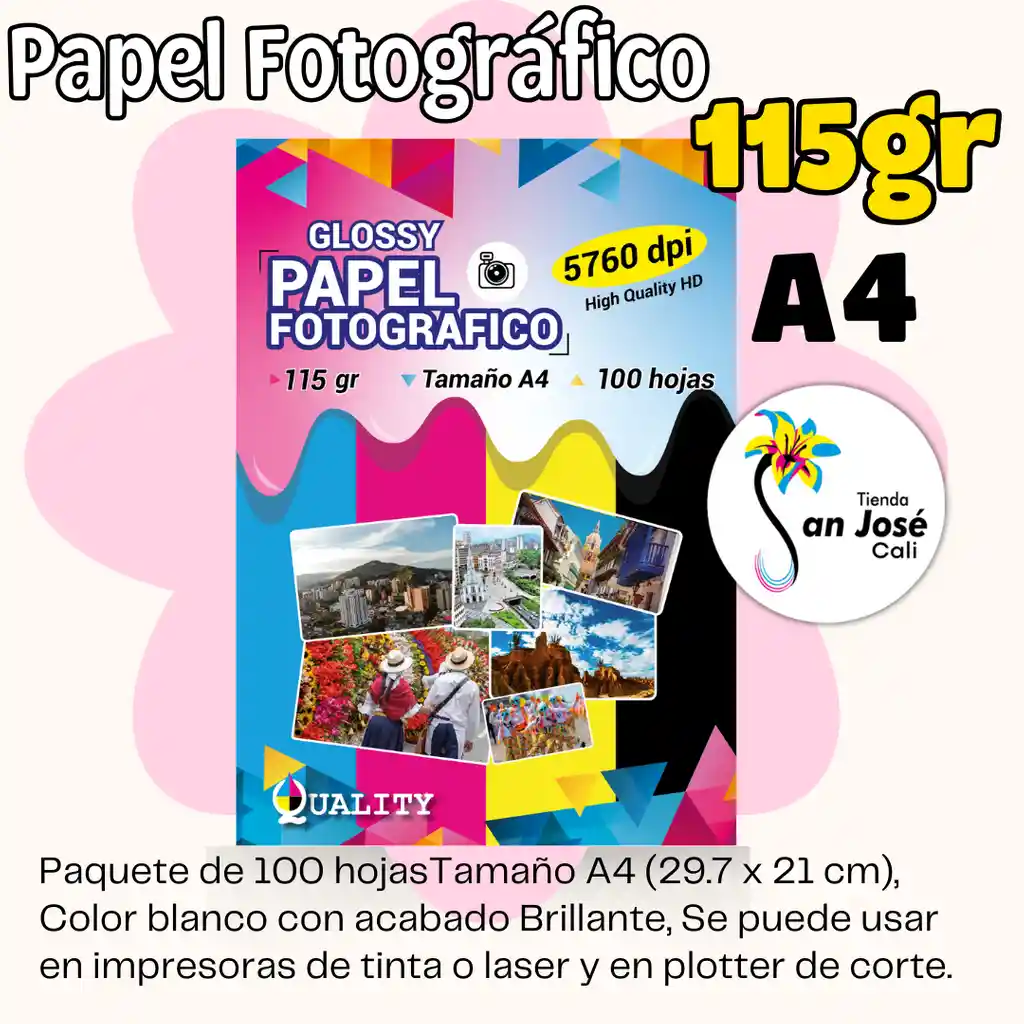 Papel 115grs X100h Fotográfico Tamaño A4 Blanco Brillante Glossy