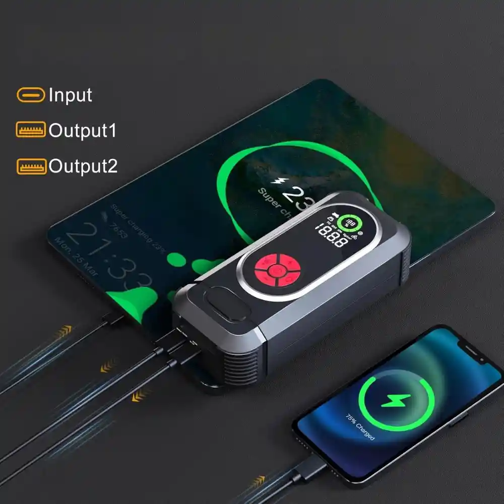 Bateria Repuesta Emergencia Iniciador Auto Moto Con Estuche Y Compresor 4 En 1