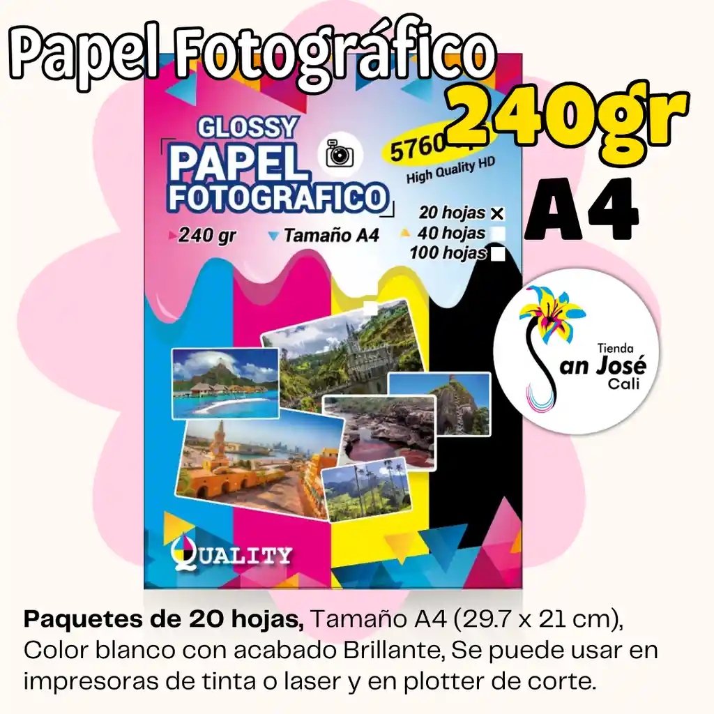Papel 240grs X20h Fotográfico Tamaño A4 Blanco Brillante Glossy