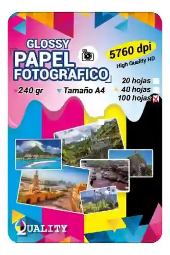 Papel 240grs X100h Fotográfico Tamaño A4 Blanco Brillante Glossy