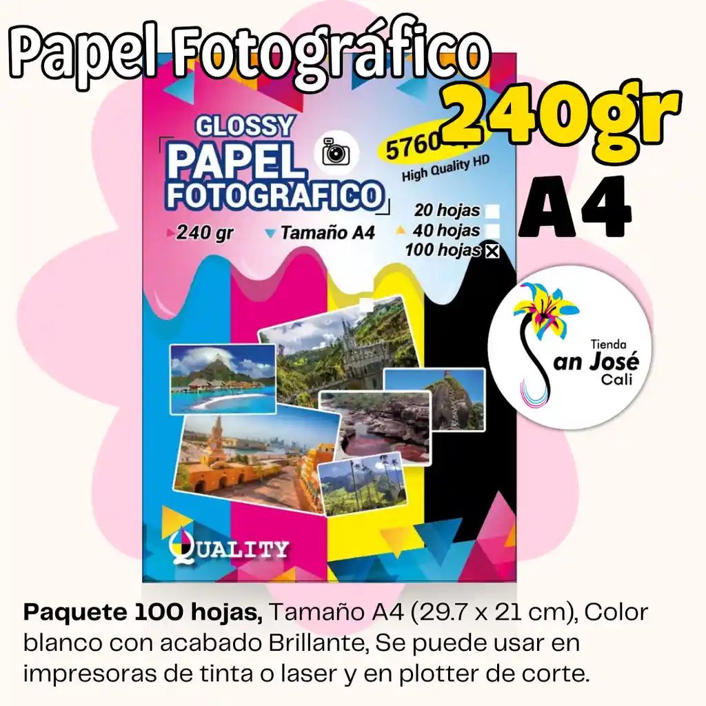 Papel 240grs X100h Fotográfico Tamaño A4 Blanco Brillante Glossy