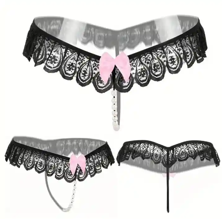 Tanga Con Moño Rosado Negra #5