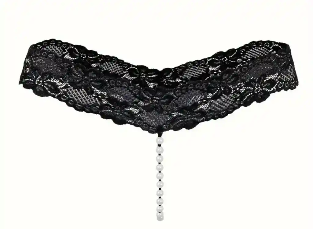 Tanga Negra De Encaje Sexy Con Perlas #8