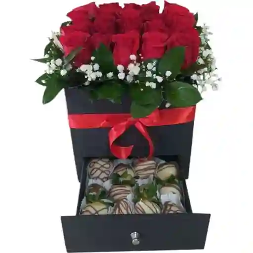 Caja De Cajón Con Rosas Y Fresas Con Chocolate